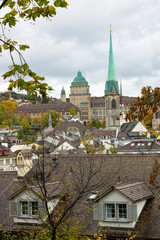 ZURICH, SWITZERLAND - OCT 130th, 2018: Classic beautiful and colorful swiss cityscape or landscape at rainy autumn day - 241781169
