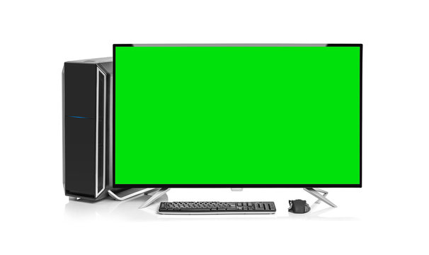 Desktop computer and keyboard and mouse on white background. Chroma key color monitor screen for your installation.