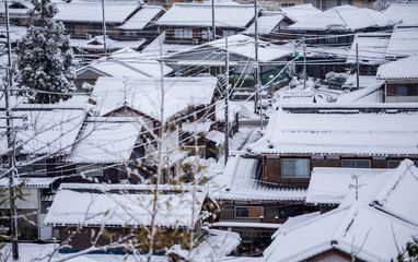 Snow-covered neighborhood in rural Japan