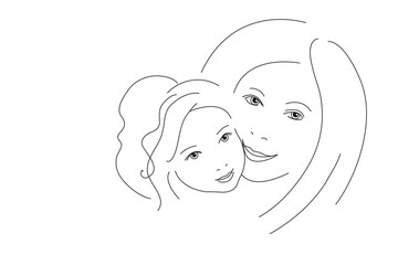 Mom and daughter face to face. Mom and baby hug. Happy mother with baby. Linear drawing.