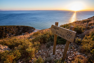 bay, beach and calcareous canyon of Gjipe at sunset, Vlore, Albania