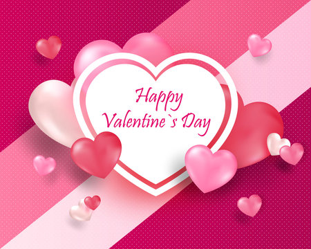 Realistic 3D Colorful Red and White Romantic Valentine Hearts Background Floating with Happy Valentines Day Greetings. Vector