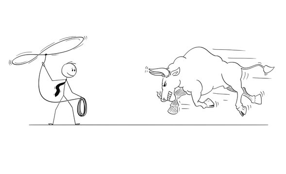 Cartoon stick man drawing conceptual illustration of businessman cowboy trying to catch running angry bull as symbols of rising market prices with thrown lasso or rope.