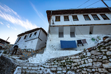 traditional ottoman houses in Berat  (mangalem district) with hiditional ottoman houses in Berat  (mangalem district) with his thousand windows.  An UNESCO world heritage site in Albania.
