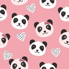 Cute panda seamless pattern with pink backgrund