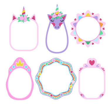 Collection of fairy frames with unicorn, rainbow, and crown for little princesses. Vector design.