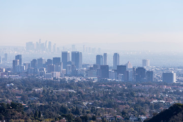 Fototapeta premium Smoggy morning cityscape view towards Century City and downtown Los Angeles from hiking trail in the Santa Monica Mountains. 