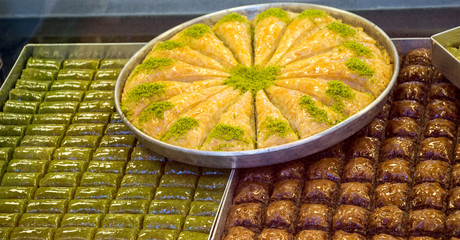 Turkish baklava in tray on display
