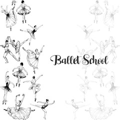 Composition of hand drawn sketch style abstract ballet dancers isolated on white background. Vector illustration.