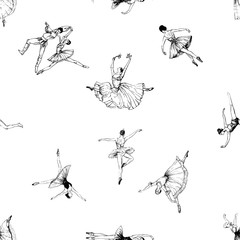Seamless pattern of hand drawn sketch style abstract ballet dancers isolated on white background. Vector illustration.