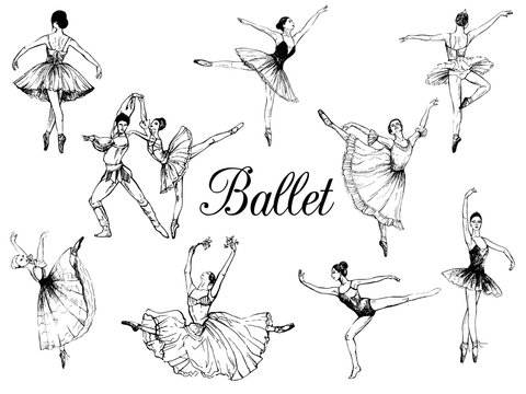 Big set of hand drawn sketch style abstract ballet dancers isolated on white background. Vector illustration.