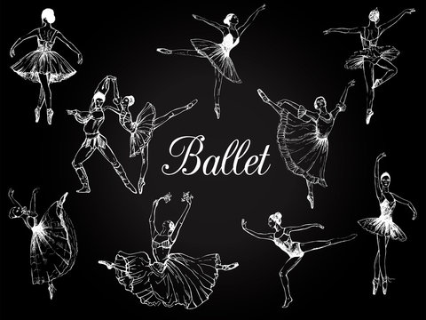 Big set of hand drawn sketch style abstract ballet dancers isolated on black background. Vector illustration.