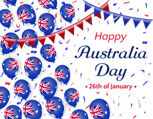 Happy Australia day 26 january, helium balloons with australia flag, confetti and ribbon. Festive vector illustration on white background. greeting card or banner ad