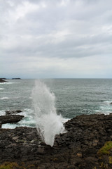 Little blowhole in the picturesque village of Kiama near Jervis Bay on a moody spring day with water fountain (Jervis Bay, Australia)