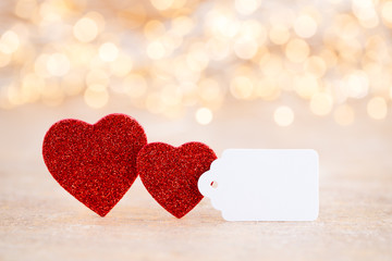 Red heart bokeh background, valentine day greeting card.