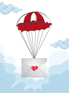   Illustration of envelope with heart stamp flying on parac