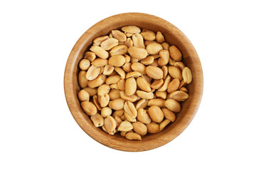 Salted roasted peanuts in bamboo bowl on white background