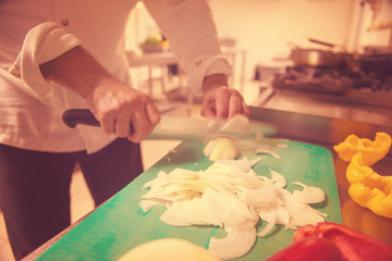 Obraz na płótnie Canvas Chef hands cutting fresh and delicious vegetables