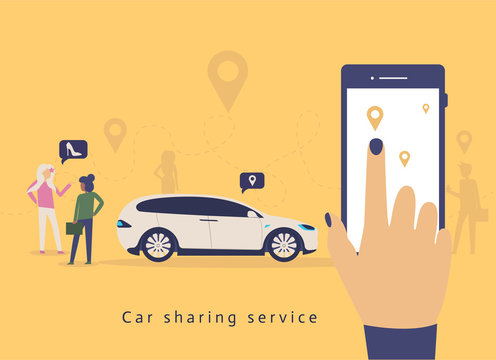 Car sharing service advertising w. A man with a smartphone standing near the car. Modern landing pagewith colorful illustration. 