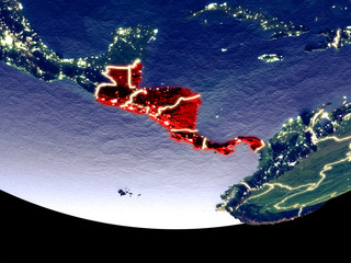 Satellite view of Central America from space at night. Beautifully detailed plastic planet surface with visible city lights.
