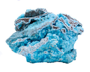 Bright blue rough hemimorphite from Wenshan, Yuunan Province, China isolated on white background