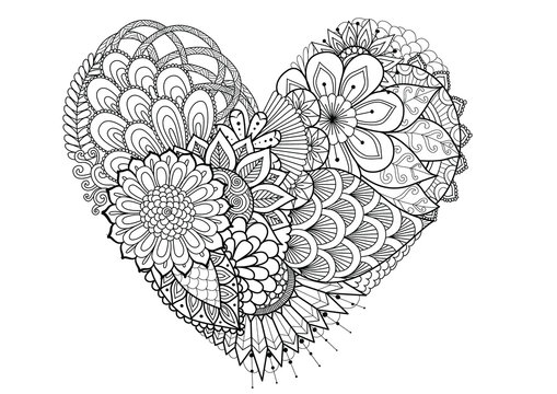 hearted shape flowersFlowers,leafs in hearted shape for print and adult coloring book,coloring page, colouring picture and other design element.Vector illustration