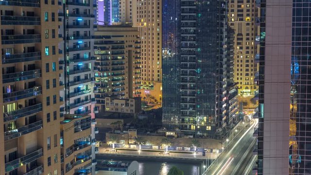 Aerial view of Dubai Marina from a vantage point night timelapse.