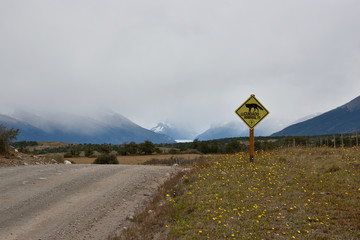 Camino de tierra con segnal de advertencia animal peligroso con vista del glaciar perito moreno de fondo