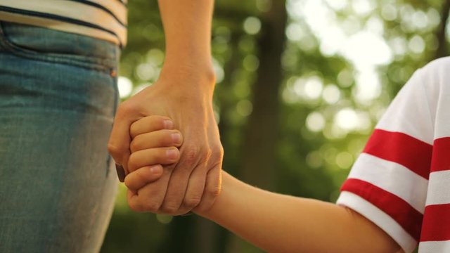 Close up of a female hand taking and holding little boy's hand. Green trees on the background. Mother and son hands. Outside