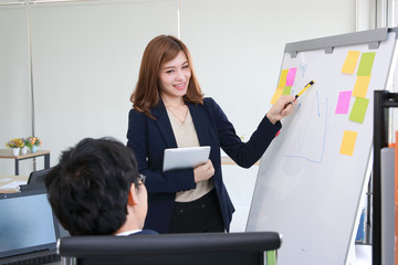 Confident young Asian business woman explaining strategies on flip chart to executive in boardroom