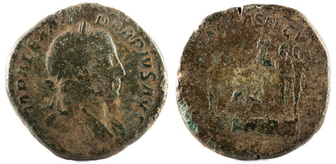 Ancient Roman bronze sertertius coin of Emperor Severus Alexander.