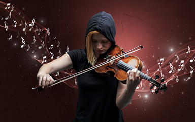 Lonely musical composer with violin and sparkling musical notes around
