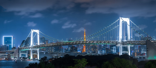 Rainbow bridge and Tokyo tower in evening, Landmarks of Tokyo, Japan