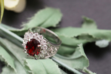 Red gem stone on silver ring with diamond
