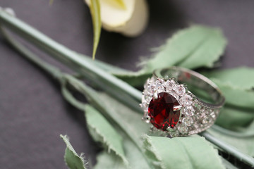Red gem stone on silver ring with diamond