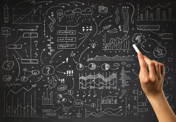 Female hand holding white chalk in front of a blackboard with a business plan drawn on it 