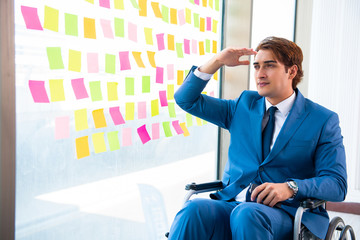 Young handsome man in wheelchair with many conflicting prioritie