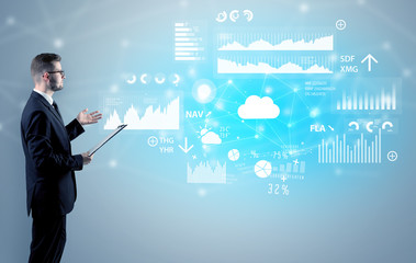 Adviser standing and presenting economical results and report of a multinational company
