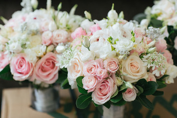 Wedding day flowers for bride and bridesmaids.