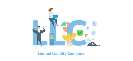 LLC, Limited Liability Company. Concept with keywords, letters and icons. Colored flat vector illustration. Isolated on white background.