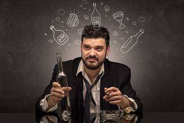 Drunk down and out man with doodle alcohol bottles concept
