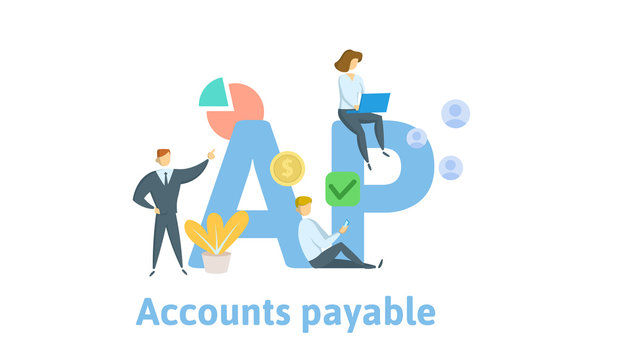 AP, Accounts Payable. Concept with keywords, letters and icons. Colored flat vector illustration. Isolated on white background.