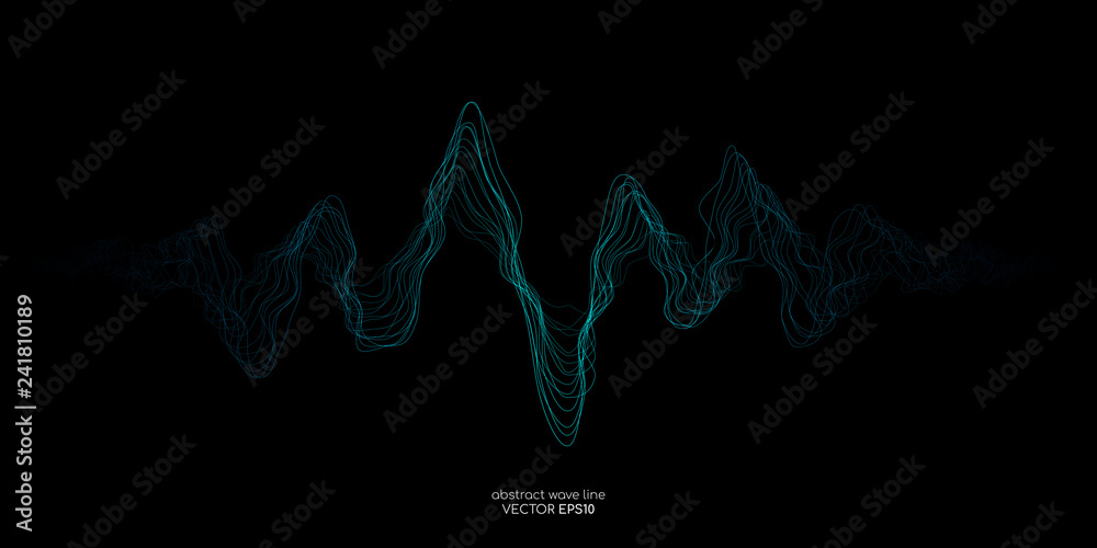 Poster Abstract vector wave lines green and blue colors isolated on black background for design elements in concept music, technology, modern, science. AI