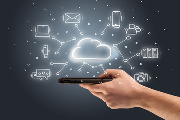 Hand working with cloud technology system and office symbol concept
