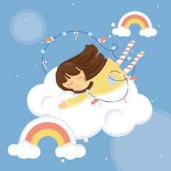 Vector illustration, Cute girl sleep on the cloud with sky background.