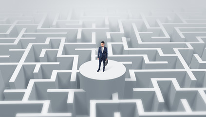 Businessman standing on the top a maze and looking through
