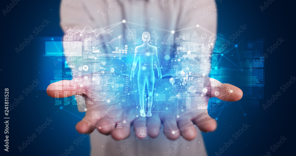 Poster young person holding hologram projection displaying health related graphs and symbols