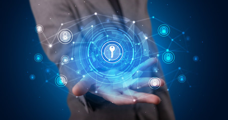 Young person holding hologram screen displaying security infomartions
