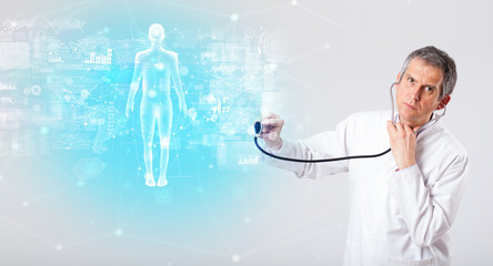 Middle aged scientist with full body map concept 
