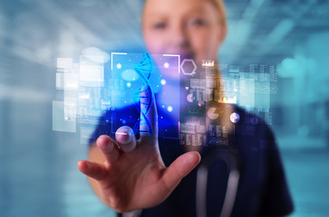 Doctor touching virtual screen with biology and genetic concept